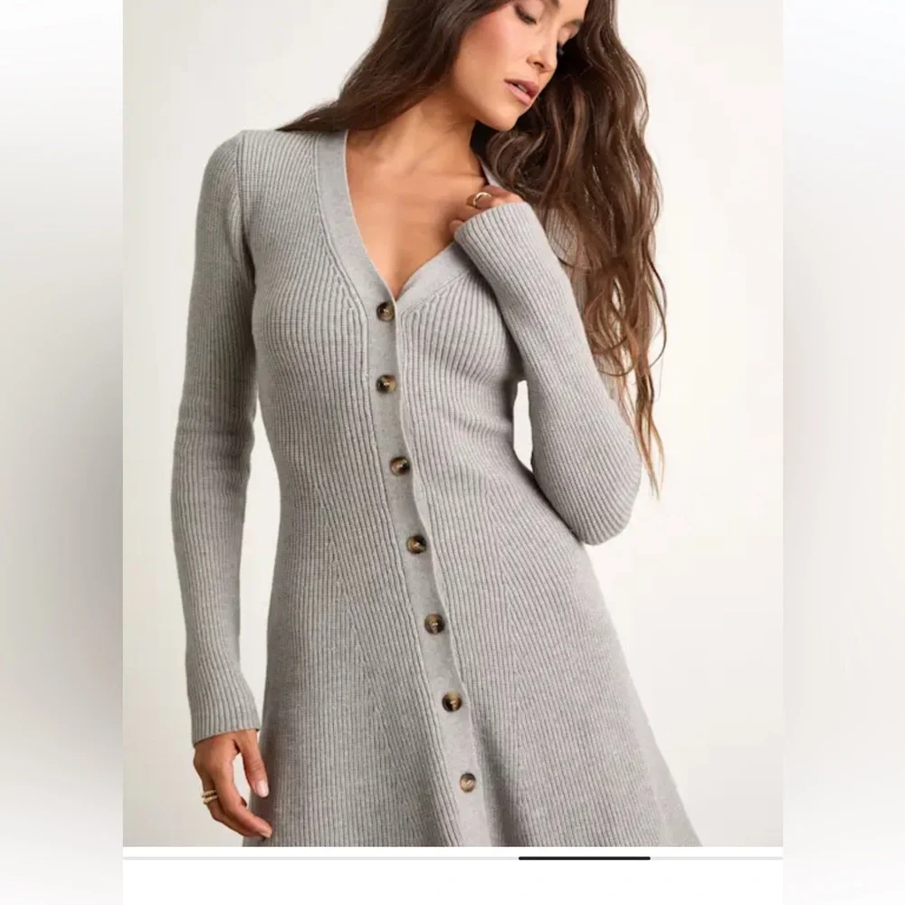 Lulu's Gray Ribbed Button-Front Sweater Dress - Picture 5 of 8